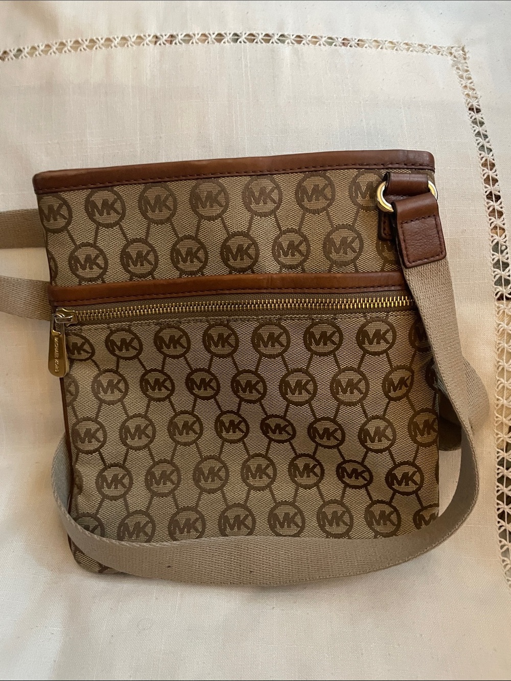 Michael Kors Tan & Brown Signature Shoulder Bag Several Compartments GUC